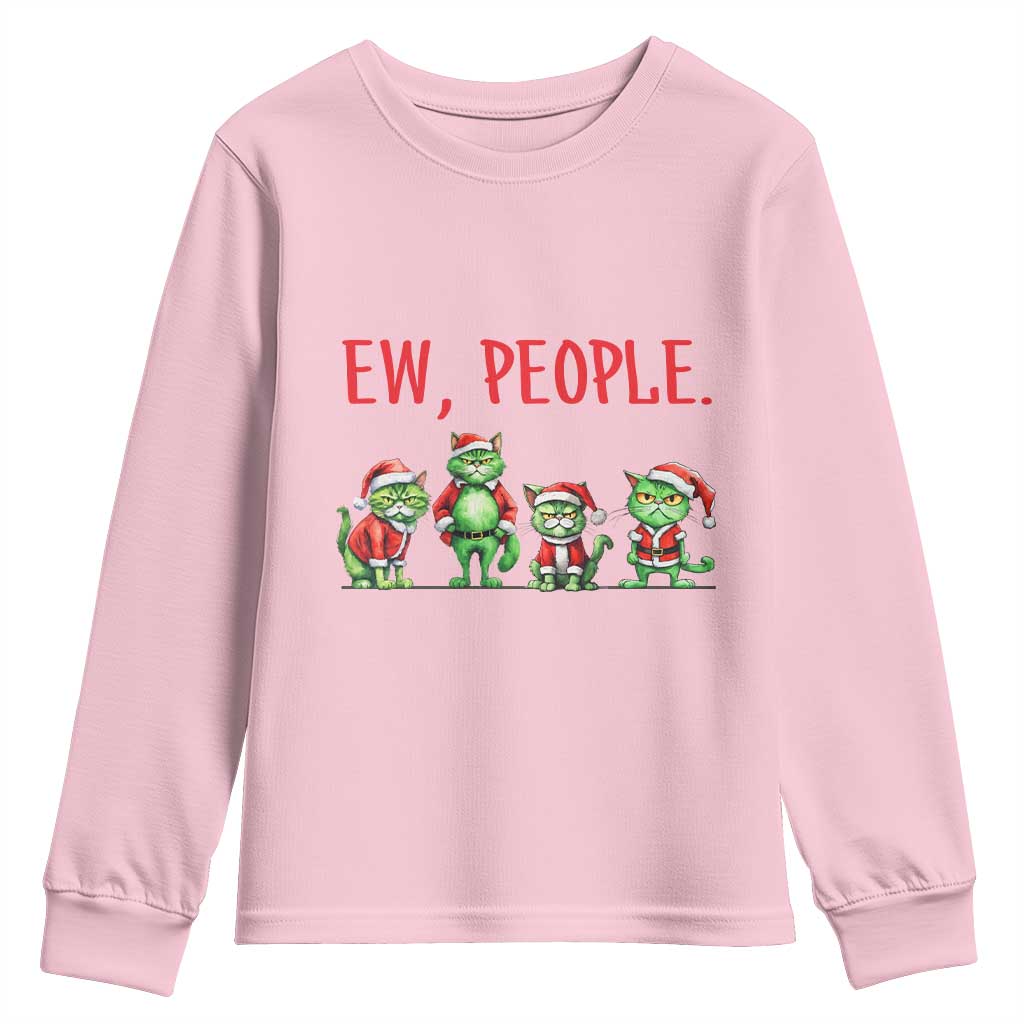 Funny Christmas Cat Youth Sweatshirt Ew People Green Cat Santa TS09 Light Pink Print Your Wear