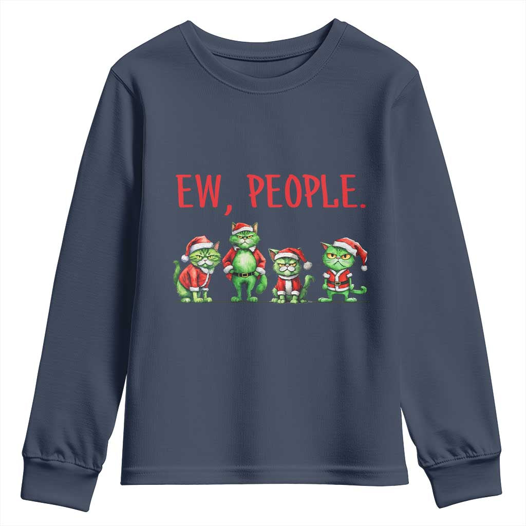 Funny Christmas Cat Youth Sweatshirt Ew People Green Cat Santa TS09 Navy Print Your Wear