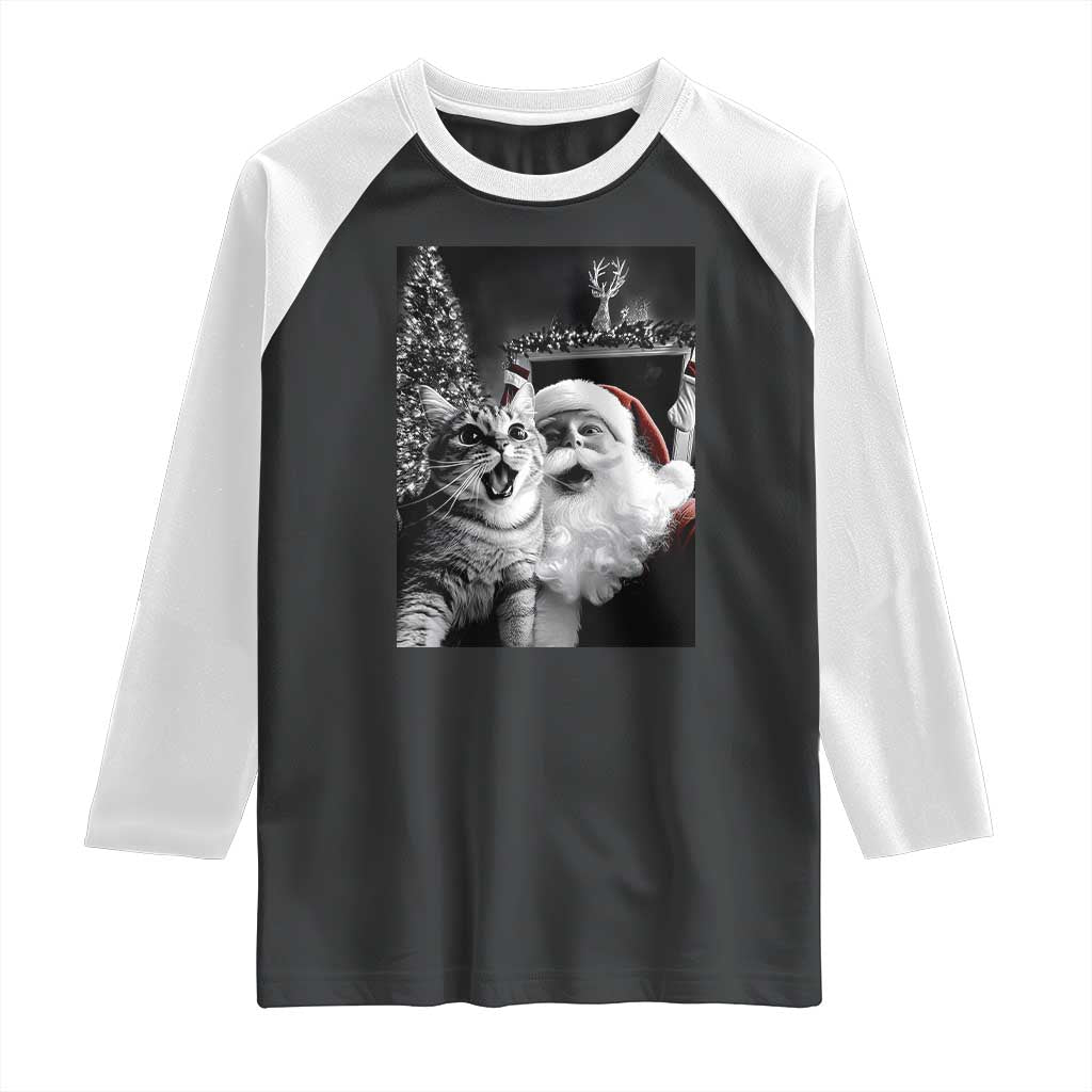 Funny Christmas Cat Selfie With Santa Raglan Shirt TS09 Black White Print Your Wear