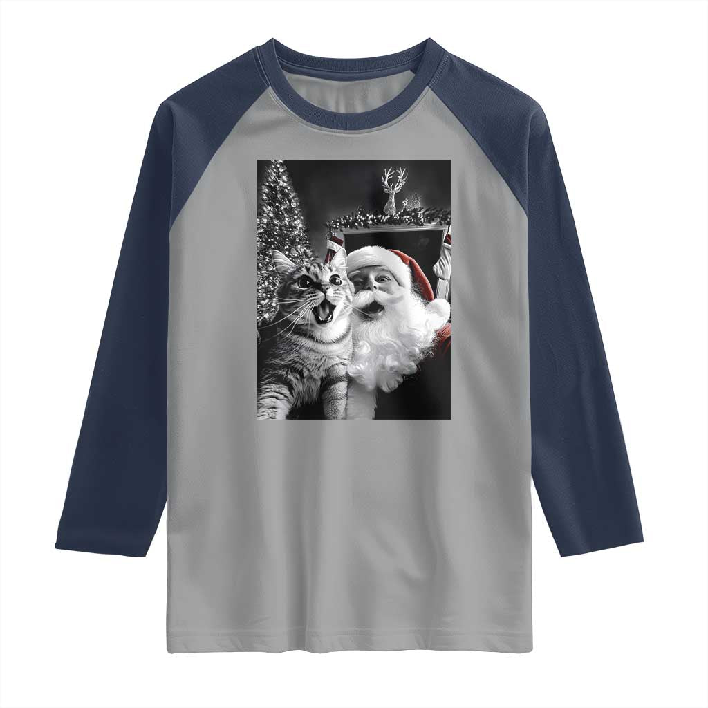 Funny Christmas Cat Selfie With Santa Raglan Shirt TS09 Sport Gray Navy Print Your Wear