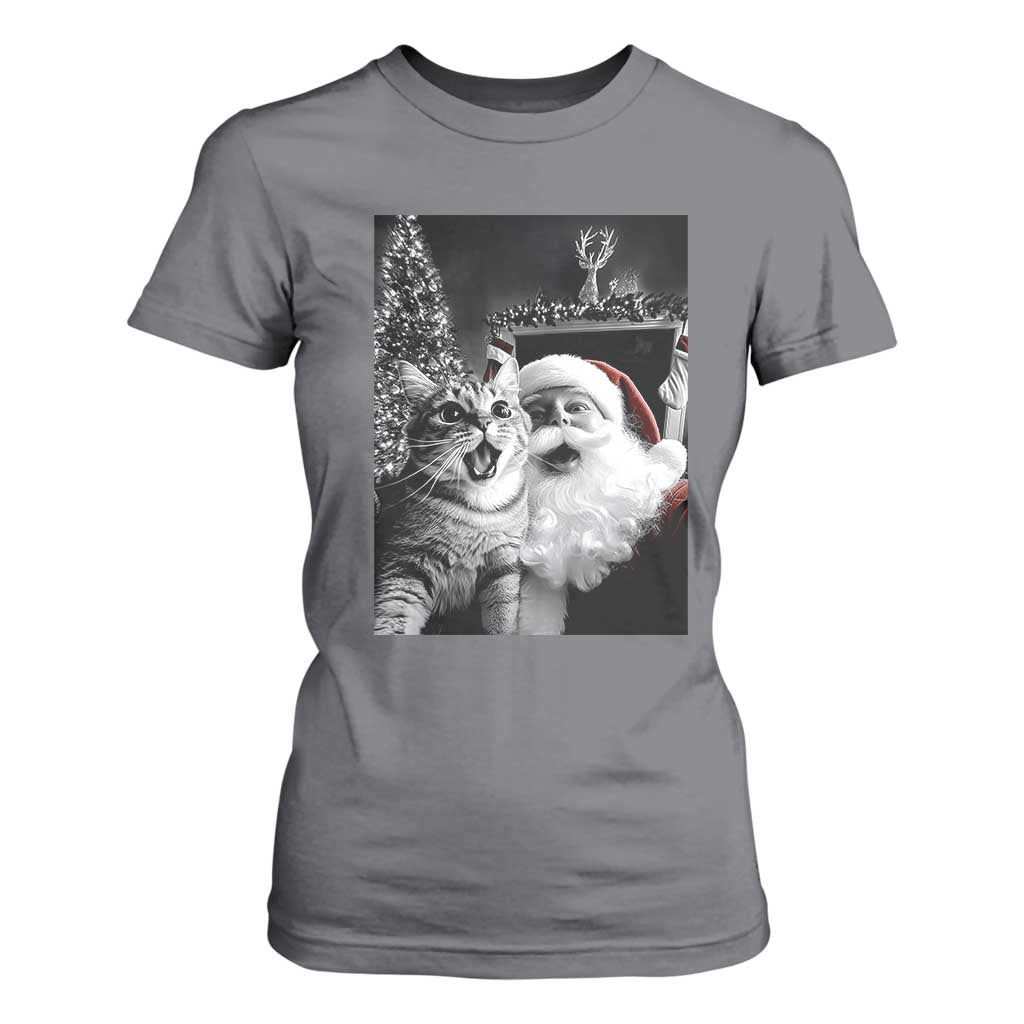 Funny Christmas Cat Selfie With Santa T Shirt For Women TS09 Charcoal Print Your Wear