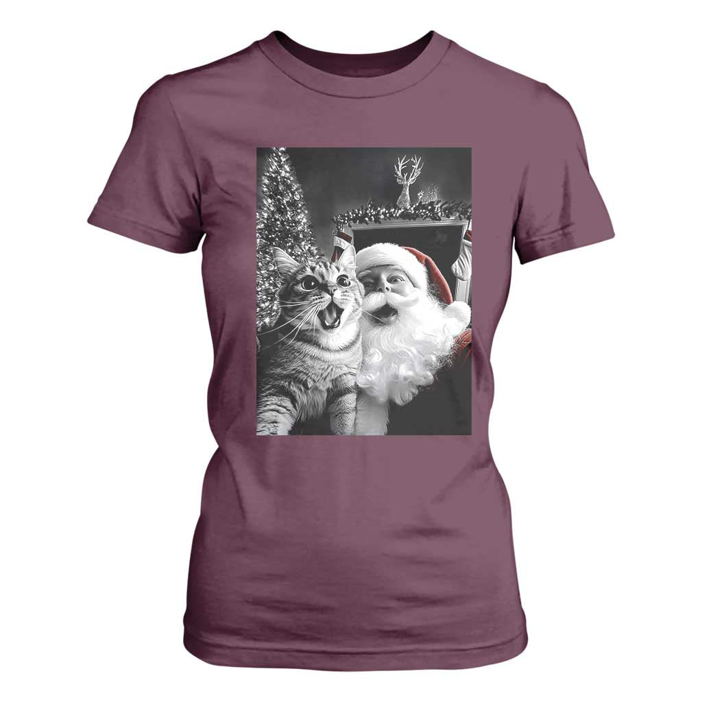 Funny Christmas Cat Selfie With Santa T Shirt For Women TS09 Maroon Print Your Wear