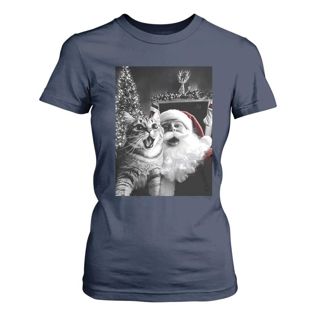 Funny Christmas Cat Selfie With Santa T Shirt For Women TS09 Navy Print Your Wear