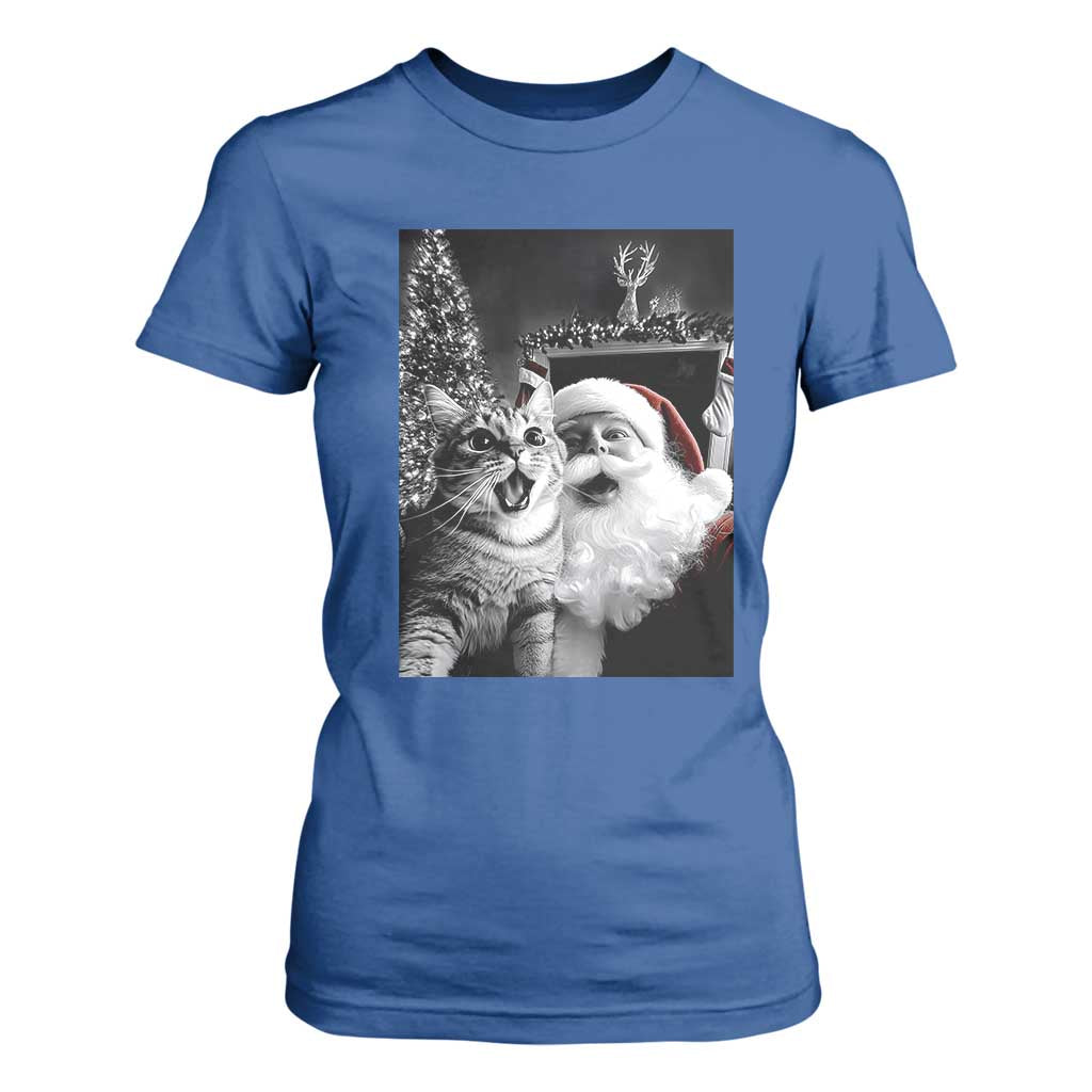 Funny Christmas Cat Selfie With Santa T Shirt For Women TS09 Royal Blue Print Your Wear