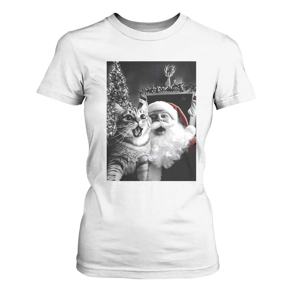 Funny Christmas Cat Selfie With Santa T Shirt For Women TS09 White Print Your Wear
