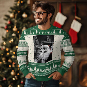 Funny Christmas Cat Selfie With Santa Ugly Christmas Sweater TS09 Green Print Your Wear