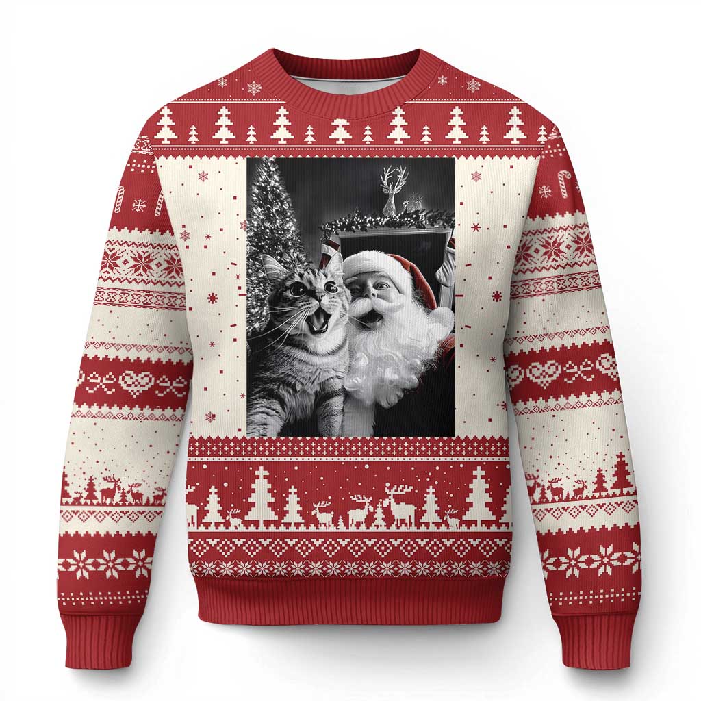 Funny Christmas Cat Selfie With Santa Ugly Christmas Sweater TS09 Red Print Your Wear