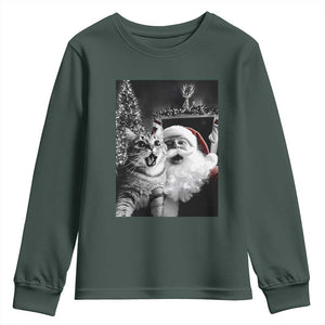 Funny Christmas Cat Selfie With Santa Youth Sweatshirt TS09 Dark Forest Green Print Your Wear