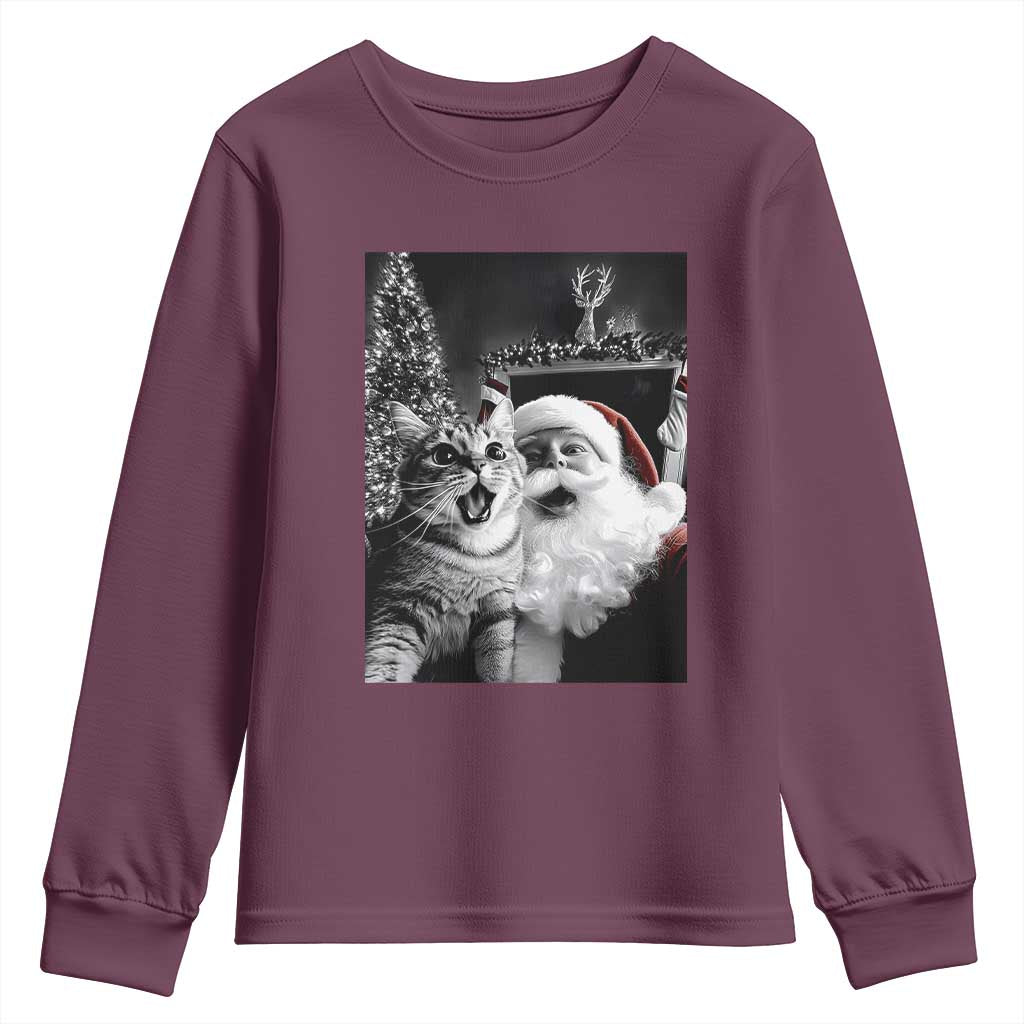 Funny Christmas Cat Selfie With Santa Youth Sweatshirt TS09 Maroon Print Your Wear
