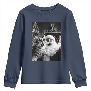 Funny Christmas Cat Selfie With Santa Youth Sweatshirt TS09 Navy Print Your Wear