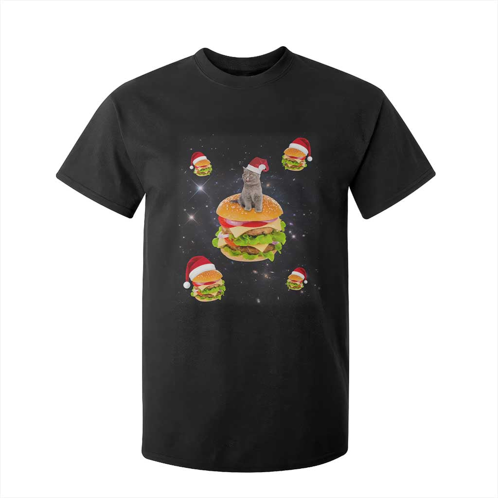 Funny Christmas Cat T Shirt For Kid Santa Cat Hamburger Lover Galaxy Outer Space TS09 Black Print Your Wear