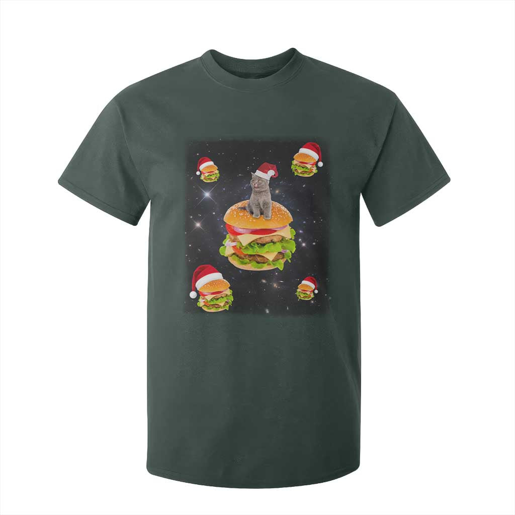 Funny Christmas Cat T Shirt For Kid Santa Cat Hamburger Lover Galaxy Outer Space TS09 Dark Forest Green Print Your Wear