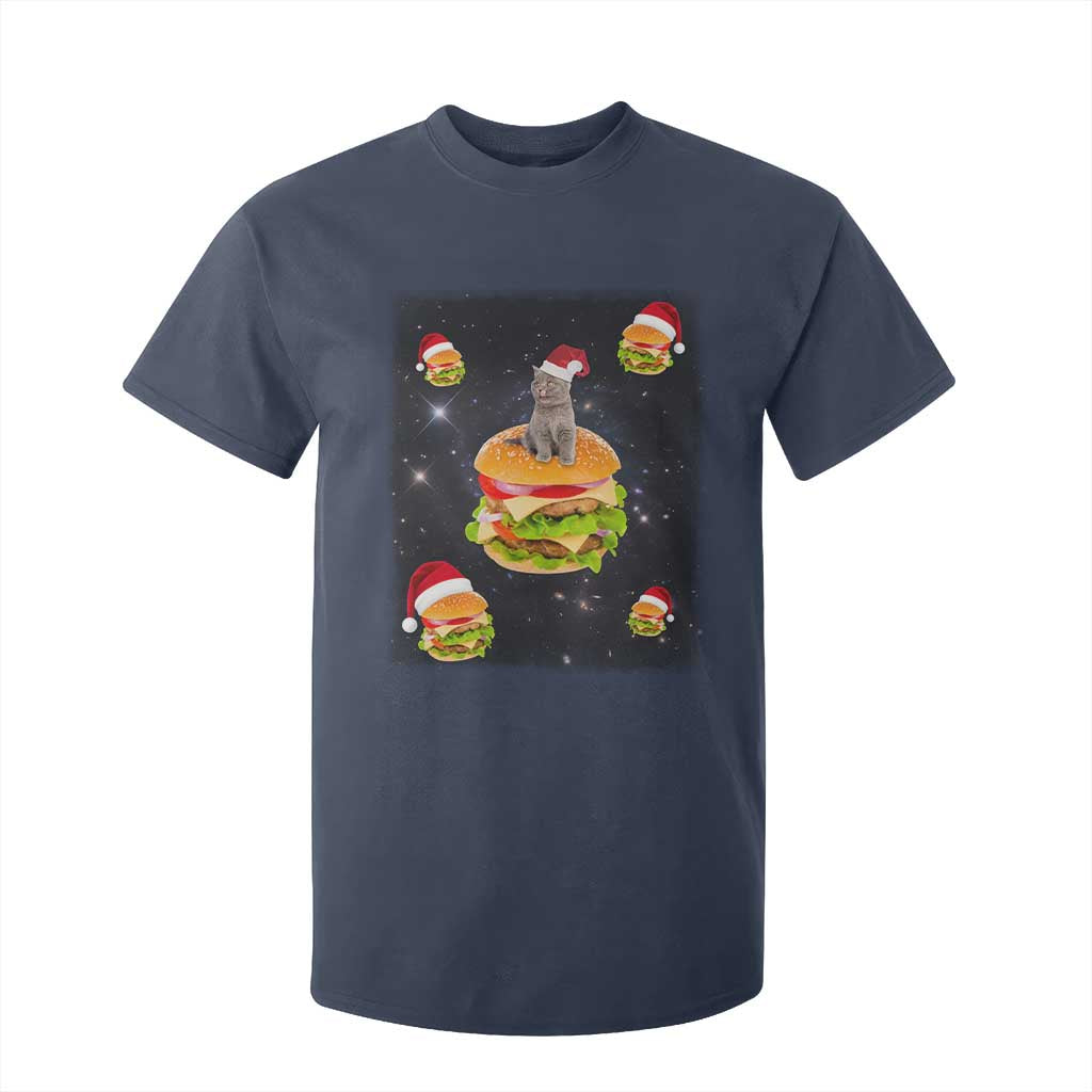 Funny Christmas Cat T Shirt For Kid Santa Cat Hamburger Lover Galaxy Outer Space TS09 Navy Print Your Wear