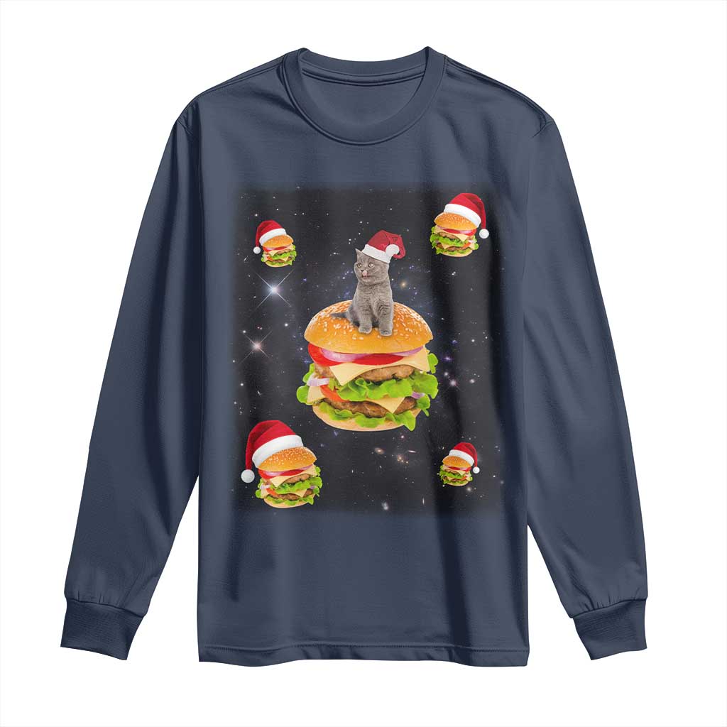 Funny Christmas Cat Long Sleeve Shirt Santa Cat Hamburger Lover Galaxy Outer Space TS09 Navy Print Your Wear
