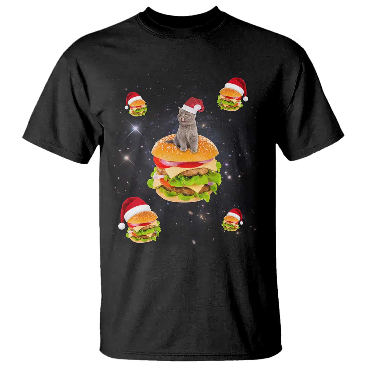 Funny Christmas Cat T Shirt Santa Cat Hamburger Lover Galaxy Outer Space TS09 Black Print Your Wear