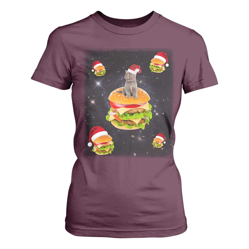 Funny Christmas Cat T Shirt For Women Santa Cat Hamburger Lover Galaxy Outer Space TS09 Maroon Print Your Wear