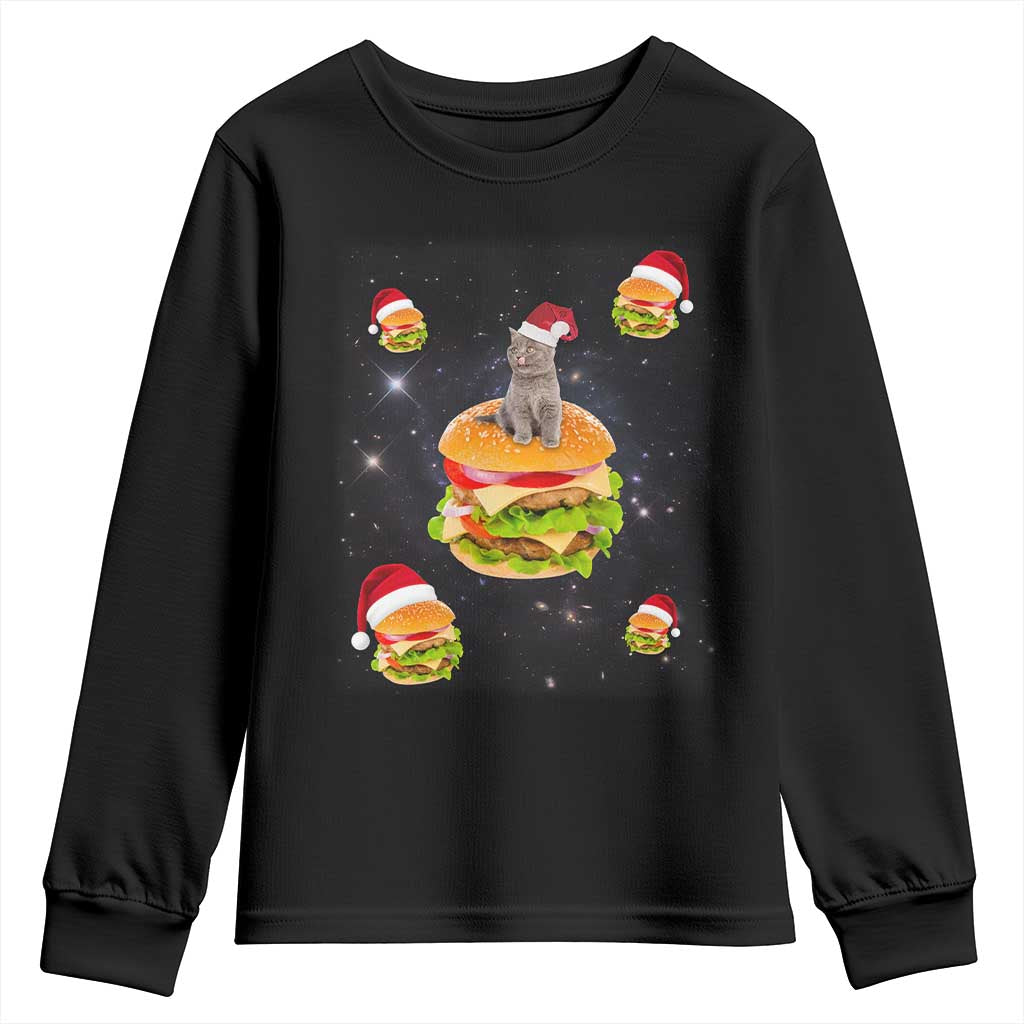 Funny Christmas Cat Youth Sweatshirt Santa Cat Hamburger Lover Galaxy Outer Space TS09 Black Print Your Wear