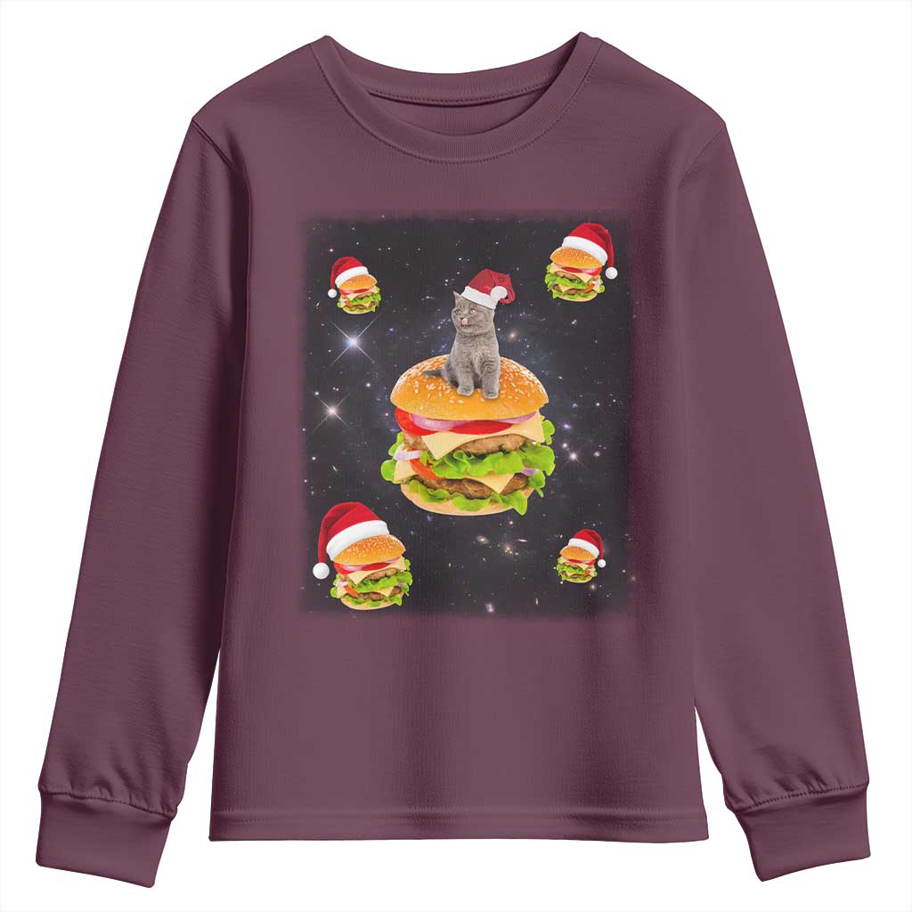 Funny Christmas Cat Youth Sweatshirt Santa Cat Hamburger Lover Galaxy Outer Space TS09 Maroon Print Your Wear