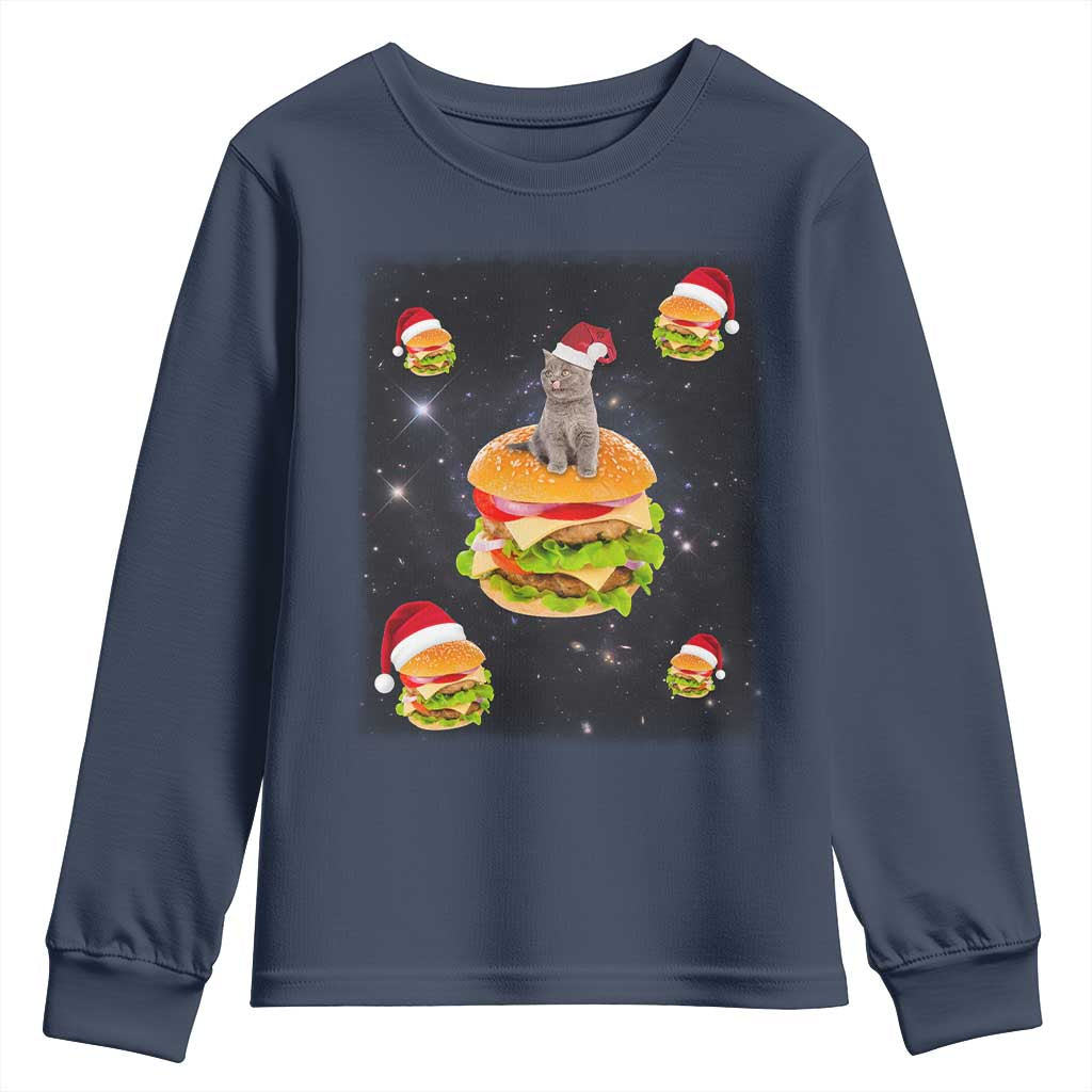 Funny Christmas Cat Youth Sweatshirt Santa Cat Hamburger Lover Galaxy Outer Space TS09 Navy Print Your Wear