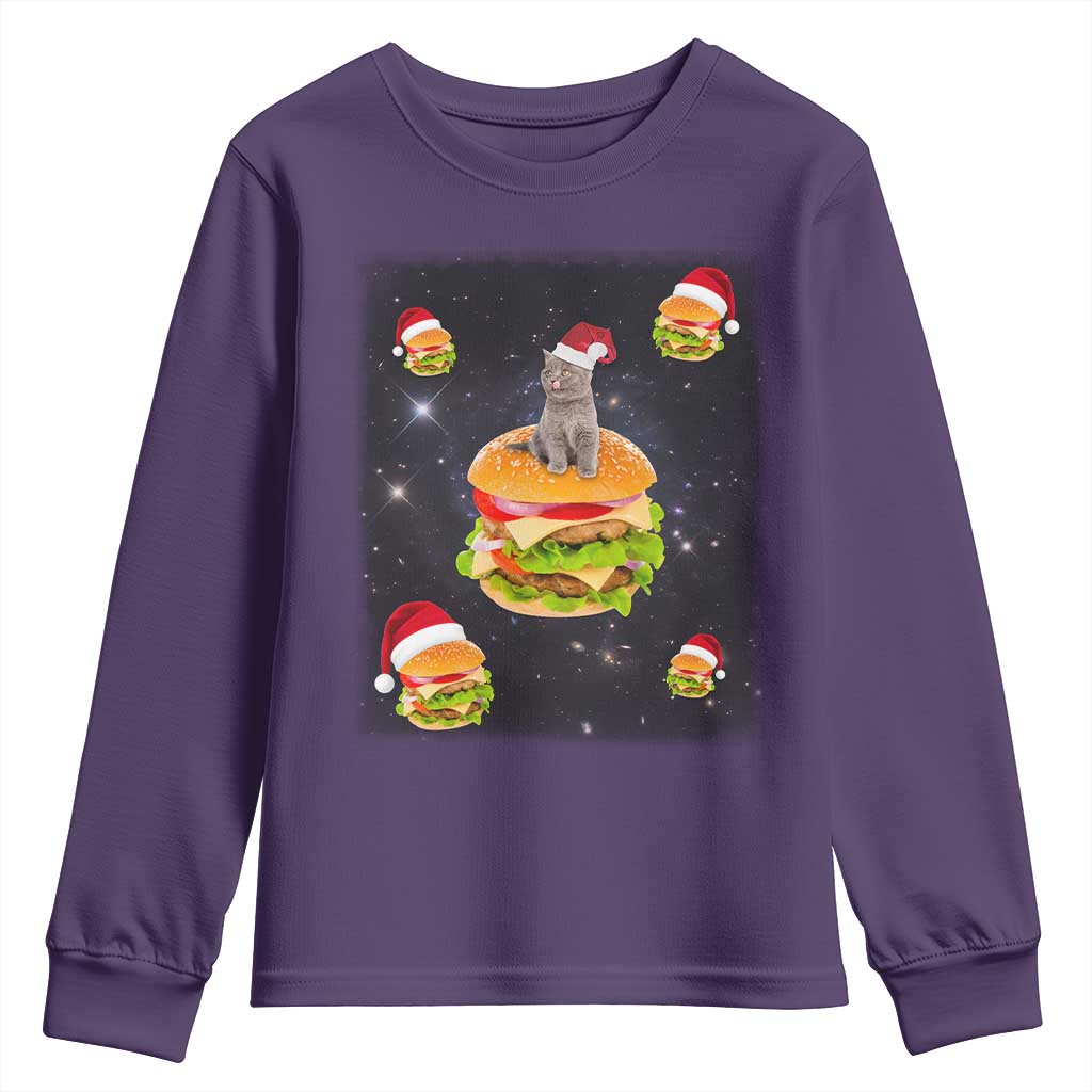 Funny Christmas Cat Youth Sweatshirt Santa Cat Hamburger Lover Galaxy Outer Space TS09 Purple Print Your Wear