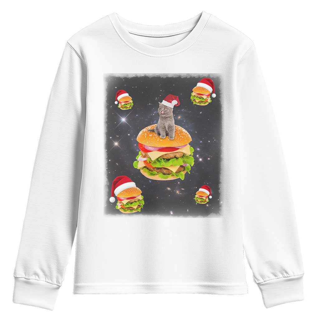 Funny Christmas Cat Youth Sweatshirt Santa Cat Hamburger Lover Galaxy Outer Space TS09 White Print Your Wear