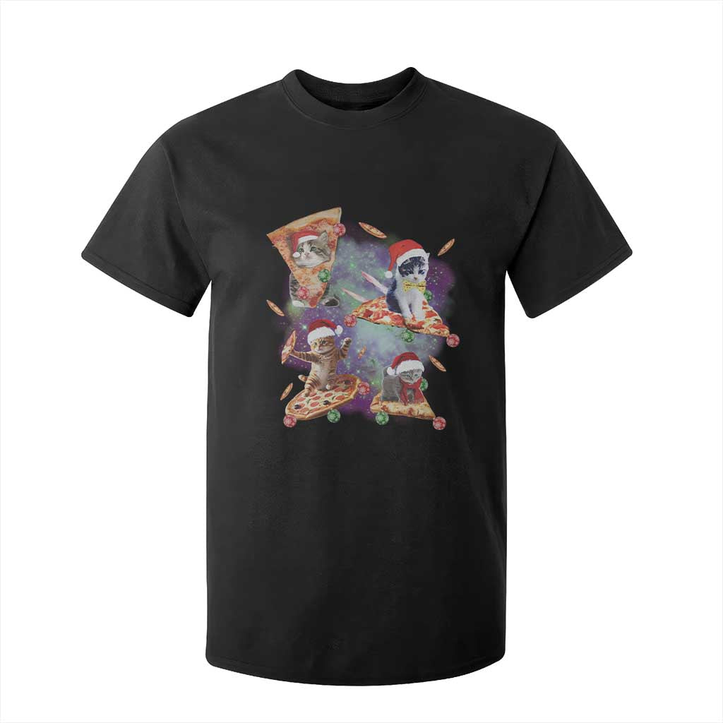 Funny Christmas Cat T Shirt For Kid Santa Cat Riding Pizza Galaxy Outer Space TS09 Black Print Your Wear