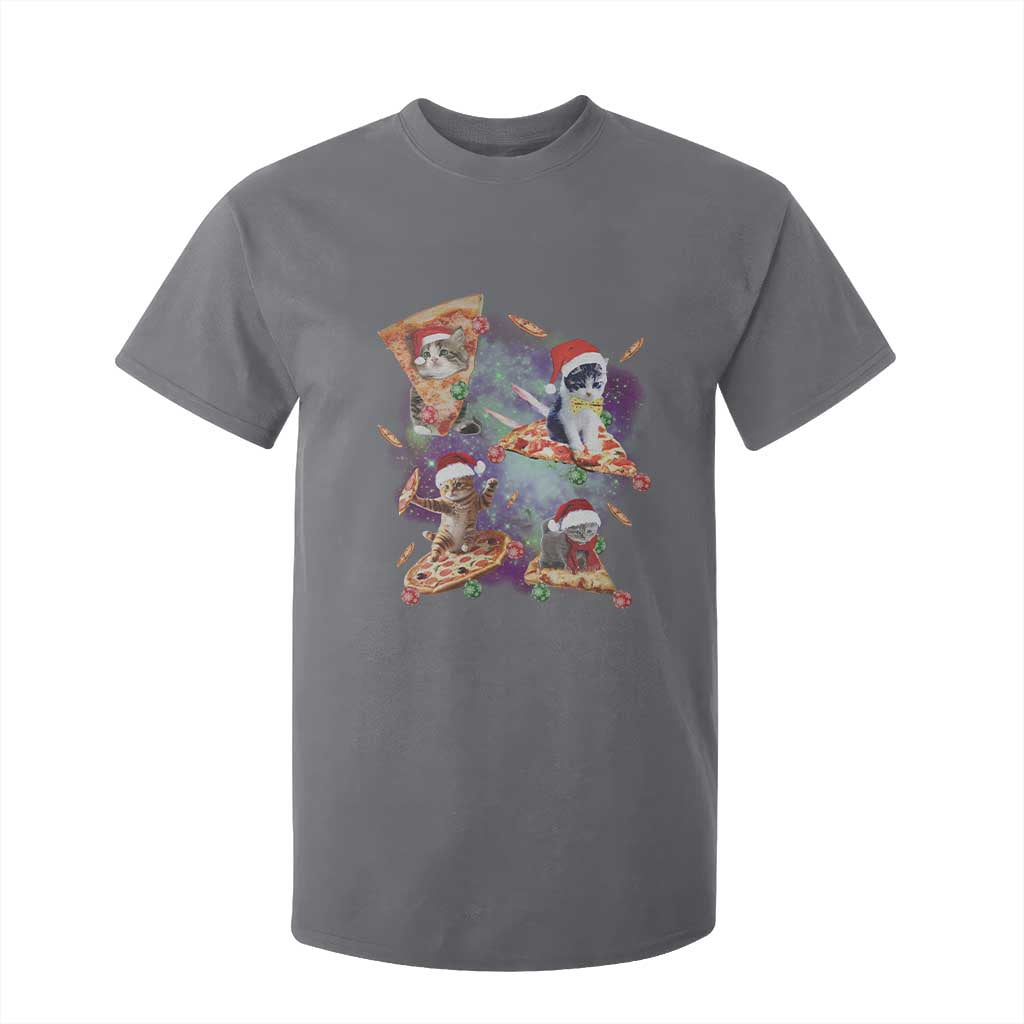Funny Christmas Cat T Shirt For Kid Santa Cat Riding Pizza Galaxy Outer Space TS09 Charcoal Print Your Wear
