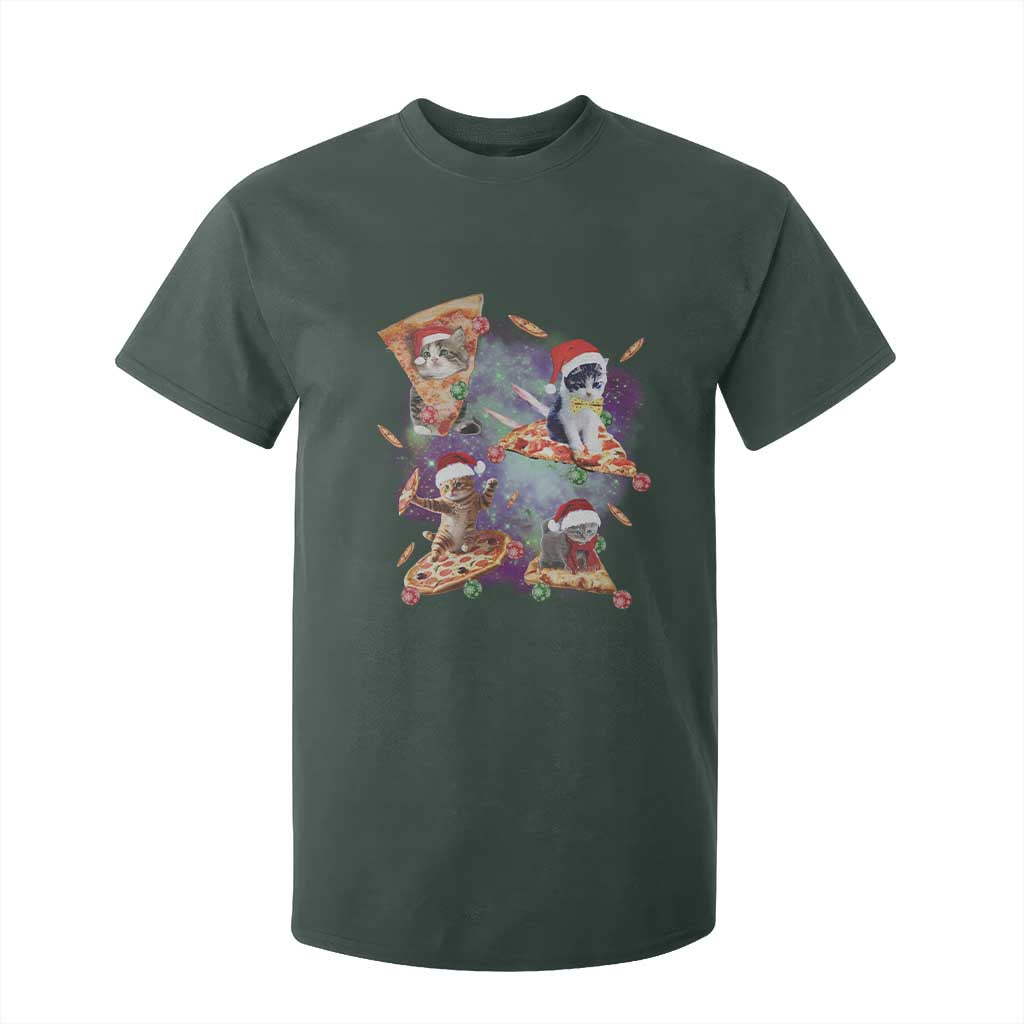 Funny Christmas Cat T Shirt For Kid Santa Cat Riding Pizza Galaxy Outer Space TS09 Dark Forest Green Print Your Wear