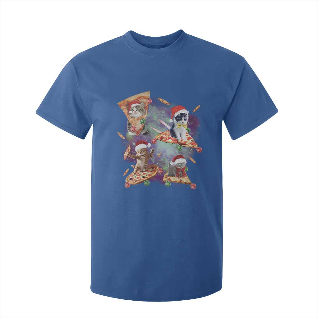 Funny Christmas Cat T Shirt For Kid Santa Cat Riding Pizza Galaxy Outer Space TS09 Royal Blue Print Your Wear