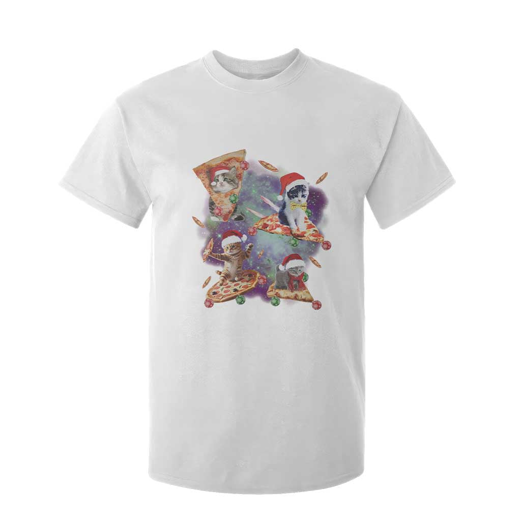 Funny Christmas Cat T Shirt For Kid Santa Cat Riding Pizza Galaxy Outer Space TS09 White Print Your Wear