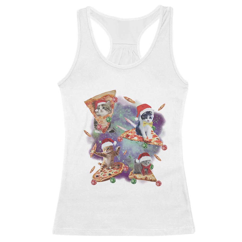 Funny Christmas Cat Racerback Tank Top Santa Cat Riding Pizza Galaxy Outer Space TS09 White Print Your Wear