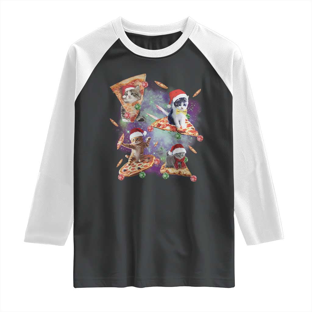 Funny Christmas Cat Raglan Shirt Santa Cat Riding Pizza Galaxy Outer Space TS09 Black White Print Your Wear