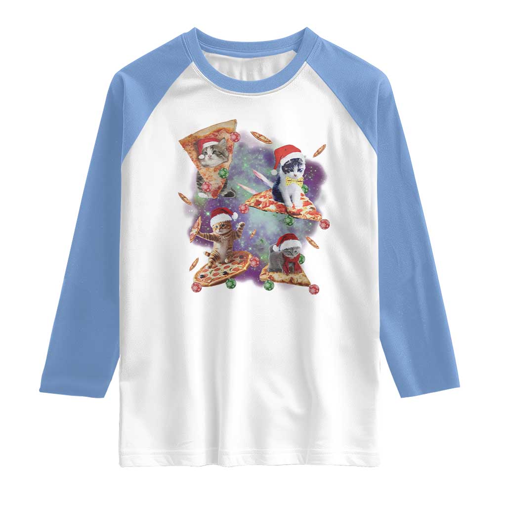 Funny Christmas Cat Raglan Shirt Santa Cat Riding Pizza Galaxy Outer Space TS09 White Carolina Blue Print Your Wear
