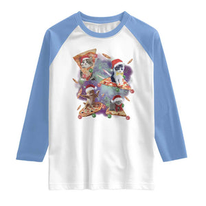 Funny Christmas Cat Raglan Shirt Santa Cat Riding Pizza Galaxy Outer Space TS09 White Carolina Blue Print Your Wear