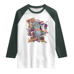 Funny Christmas Cat Raglan Shirt Santa Cat Riding Pizza Galaxy Outer Space TS09 White Dark Forest Green Print Your Wear