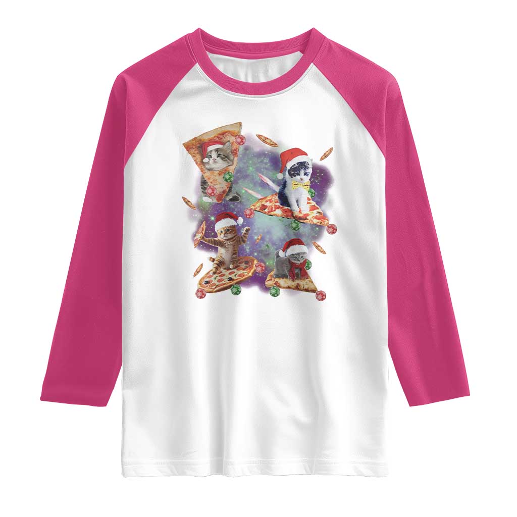 Funny Christmas Cat Raglan Shirt Santa Cat Riding Pizza Galaxy Outer Space TS09 White Heliconia Print Your Wear