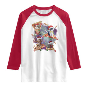 Funny Christmas Cat Raglan Shirt Santa Cat Riding Pizza Galaxy Outer Space TS09 White Red Print Your Wear