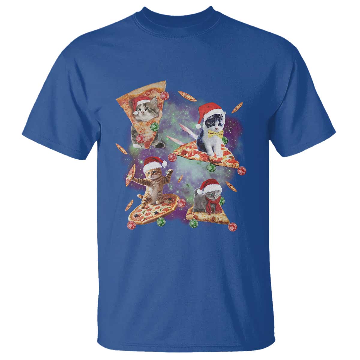 Funny Christmas Cat T Shirt Santa Cat Riding Pizza Galaxy Outer Space TS09 Royal Blue Print Your Wear