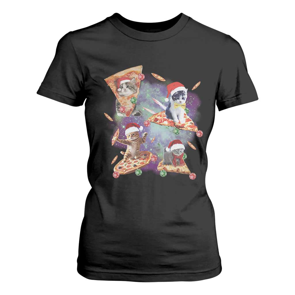 Funny Christmas Cat T Shirt For Women Santa Cat Riding Pizza Galaxy Outer Space TS09 Black Print Your Wear