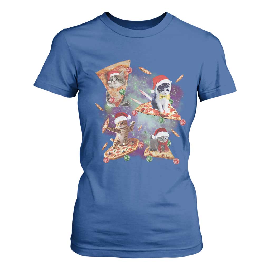 Funny Christmas Cat T Shirt For Women Santa Cat Riding Pizza Galaxy Outer Space TS09 Royal Blue Print Your Wear