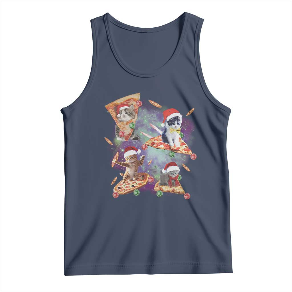 Funny Christmas Cat Tank Top Santa Cat Riding Pizza Galaxy Outer Space TS09 Navy Print Your Wear