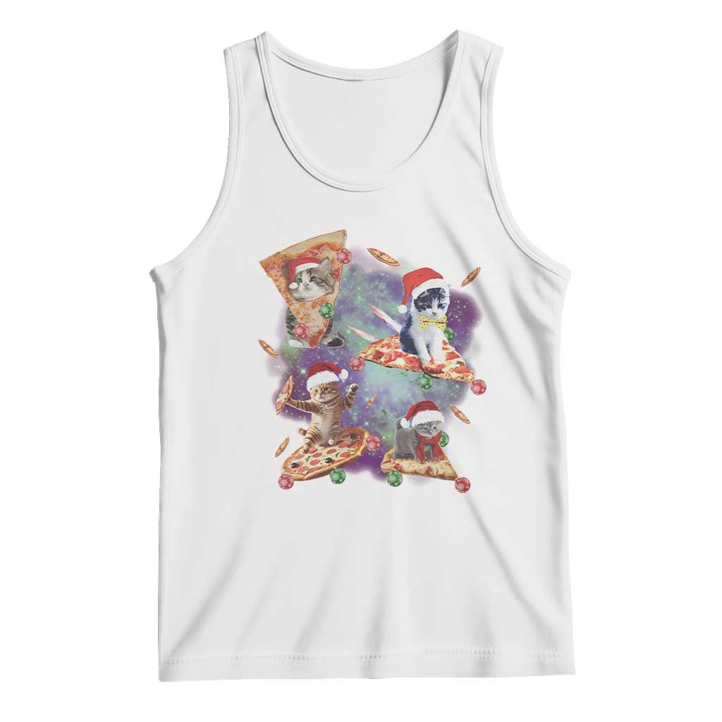 Funny Christmas Cat Tank Top Santa Cat Riding Pizza Galaxy Outer Space TS09 White Print Your Wear