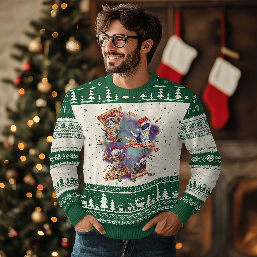 Funny Xmas Cat Ugly Christmas Sweater Santa Cat Riding Pizza Galaxy Outer Space TS09 Green Print Your Wear