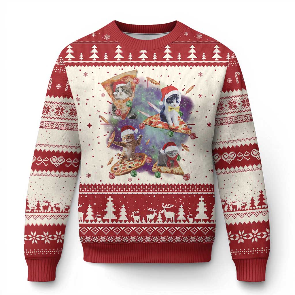 Funny Xmas Cat Ugly Christmas Sweater Santa Cat Riding Pizza Galaxy Outer Space TS09 Red Print Your Wear