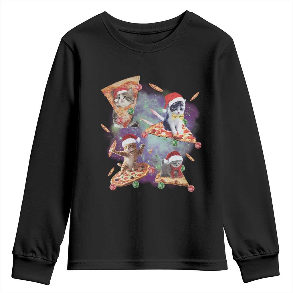 Funny Christmas Cat Youth Sweatshirt Santa Cat Riding Pizza Galaxy Outer Space TS09 Black Print Your Wear