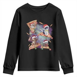 Funny Christmas Cat Youth Sweatshirt Santa Cat Riding Pizza Galaxy Outer Space TS09 Black Print Your Wear