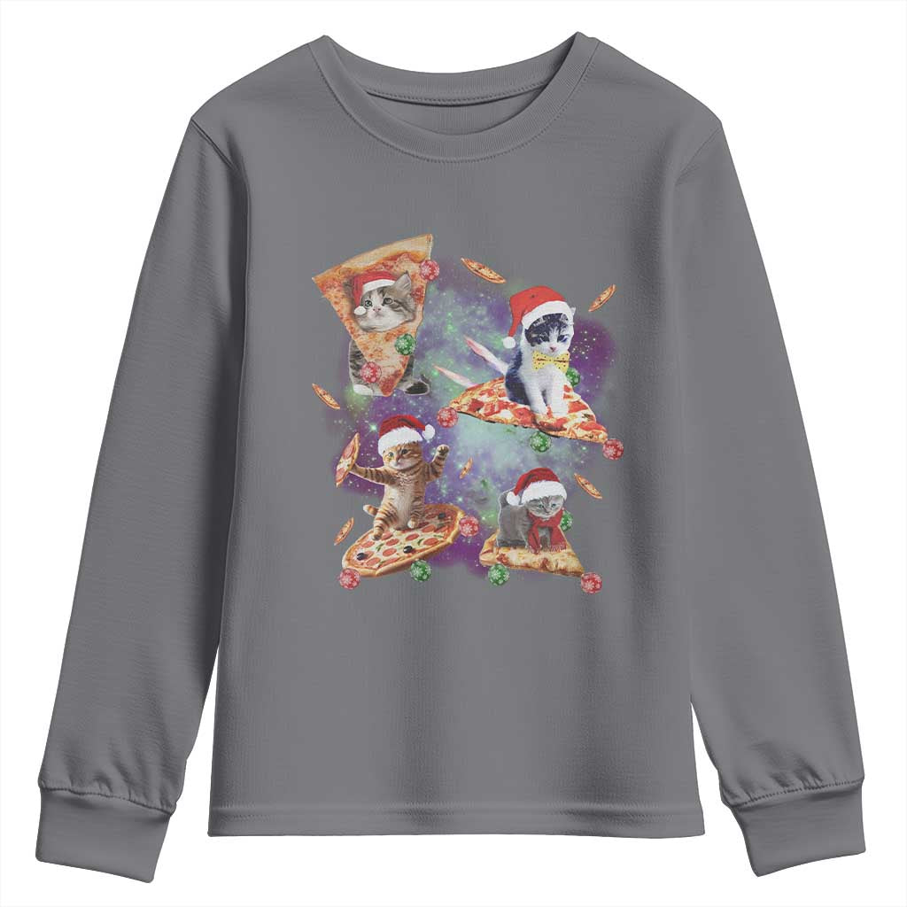 Funny Christmas Cat Youth Sweatshirt Santa Cat Riding Pizza Galaxy Outer Space TS09 Charcoal Print Your Wear