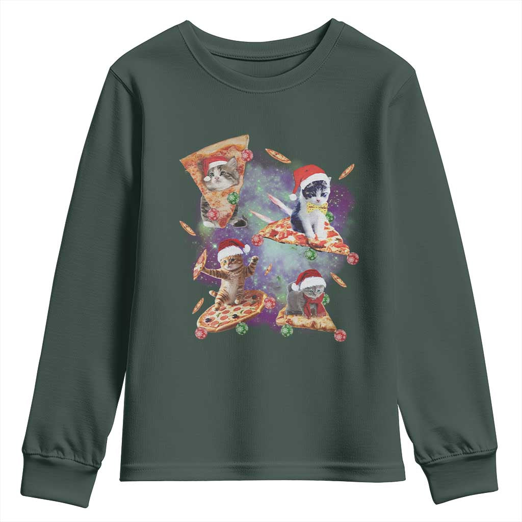 Funny Christmas Cat Youth Sweatshirt Santa Cat Riding Pizza Galaxy Outer Space TS09 Dark Forest Green Print Your Wear