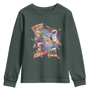 Funny Christmas Cat Youth Sweatshirt Santa Cat Riding Pizza Galaxy Outer Space TS09 Dark Forest Green Print Your Wear