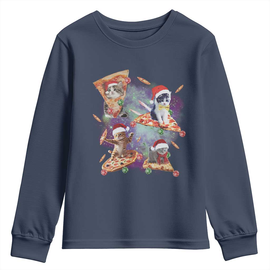 Funny Christmas Cat Youth Sweatshirt Santa Cat Riding Pizza Galaxy Outer Space TS09 Navy Print Your Wear